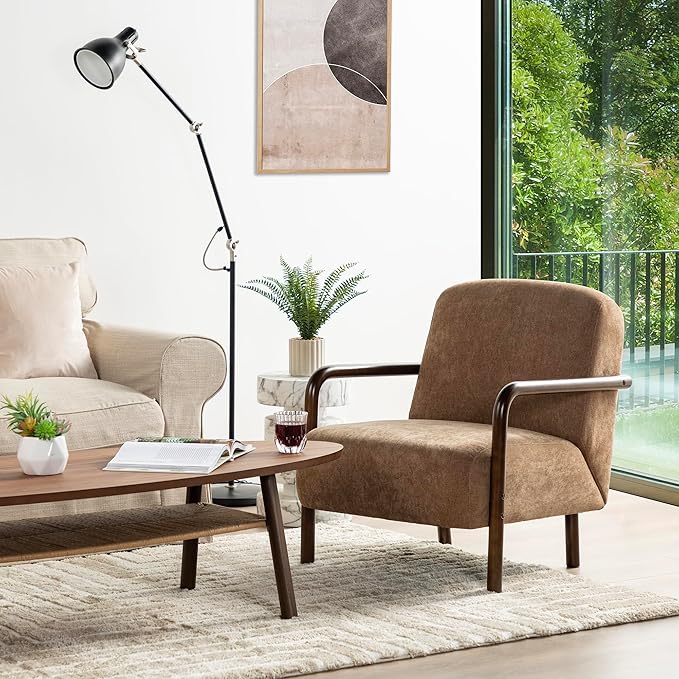Glitzhome Modern Accent Chair for Living Room, Upholstered Extra-Cushioned Fabric Armchair with Walnut Rubber Wood Frame, Comfy Single Chair for Living Room/Bedroom/Reading Room/Office