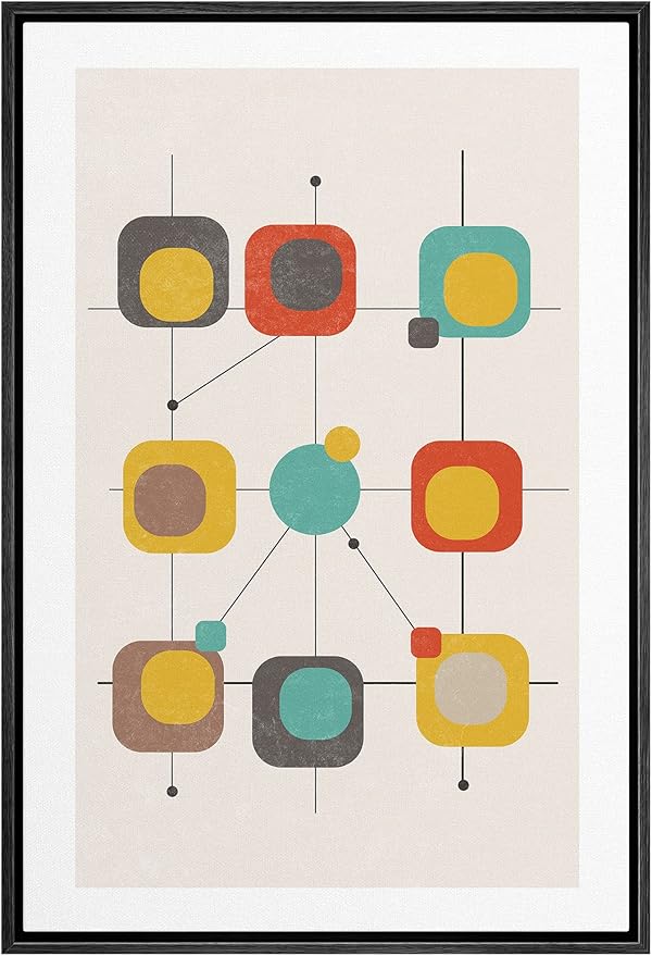 Woodrose Framed Canvas Print Wall Art Geometric Retro Color Block Variety Abstract Shapes Illustrations Modern Minimalist Chic Relax/Calm Multicolor for Living Room, Bedroom, Office - 24"x36" Black