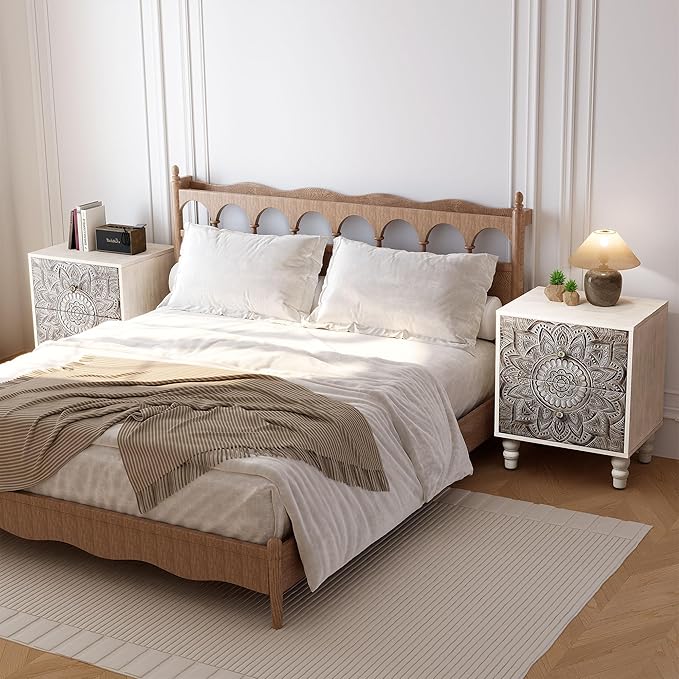 HOMPUS White Nightstands Set 2, Vintage Nightstands with 2 Drawers, Farmhouse Bedside Tables Set of 2, Easy to Assemble End Tables with Lotus Pattern for Small Spaces, Bedroom, Guest Room, White