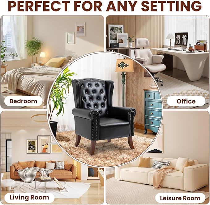 Faux Leather Accent Chair, Mid-Century High Back Armchair Upholstered Club Sofa Chair with Wooden Legs, Living Room Chair for Bedroom, Office, Lounge (Black)