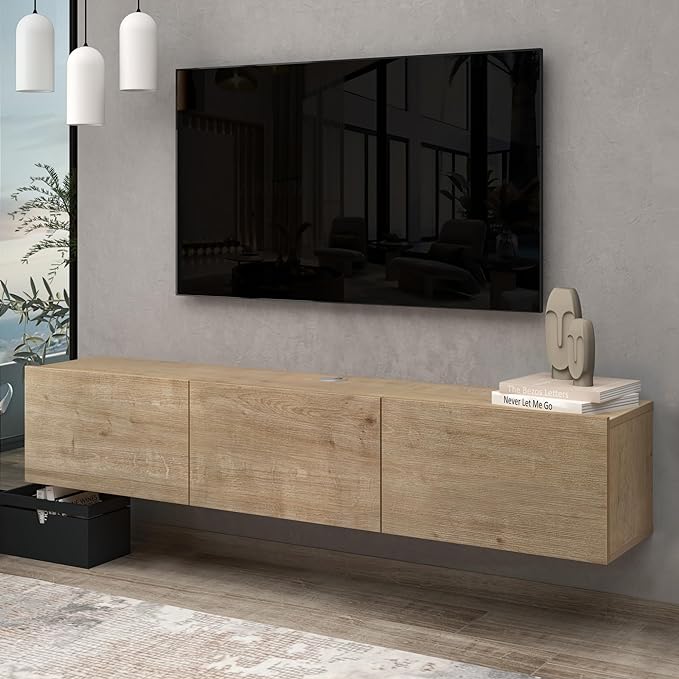 Floating TV Stand Wall Mounted for 65"–80" TVs, Modern Floating Entertainment Center with Cable Management, Wall Mount TV Stand with Storage, Mounted TV Console for Living Room