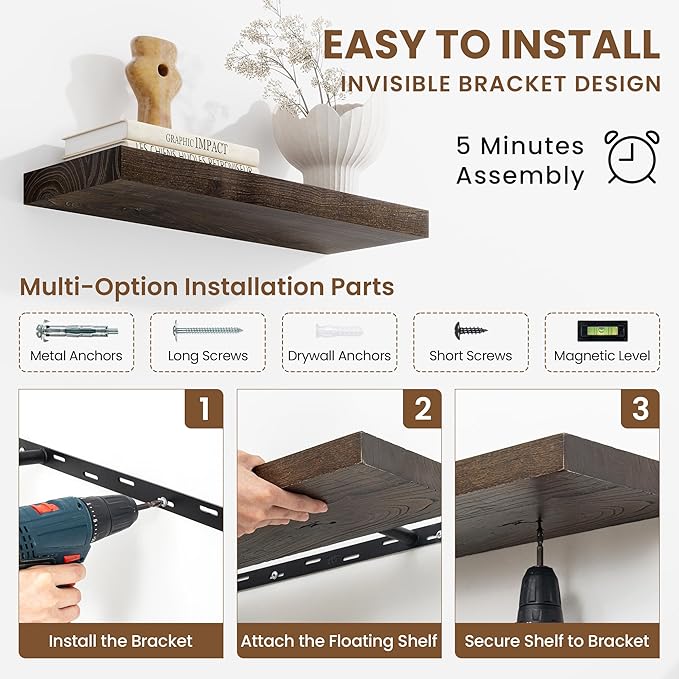 Extra Deep 32" Long Rustic Solid Wood Floating Shelves for Wall, Wall Shelves with Invisible Bracket for Living Room Bathroom Bedroom Kitchen, Set of 2, Walnut