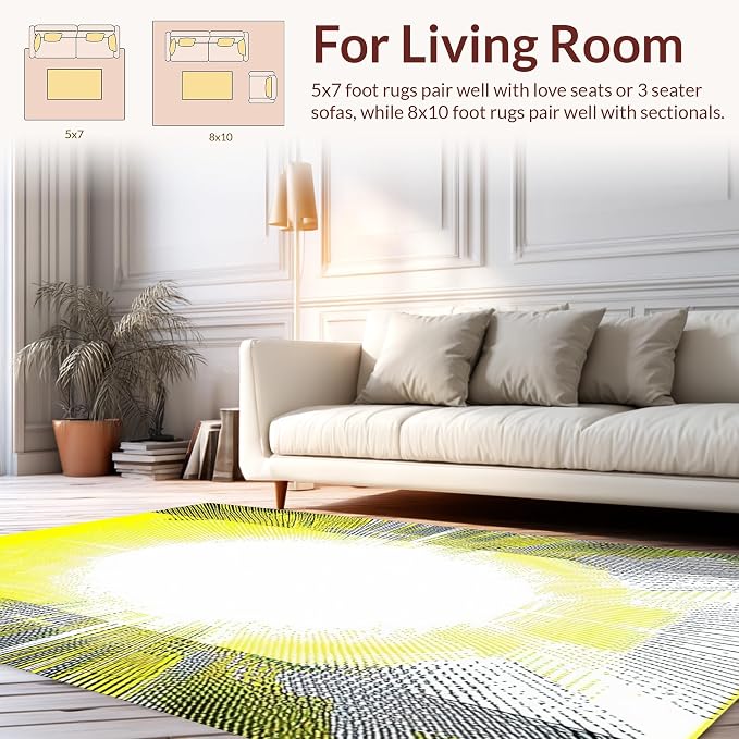 Flatwoven High Traffic Area Rug 6x9, Radiant Burst Geometric, Non Slip, Stain Resistant, Washable Area Rugs for Living Room, Bedroom (Yellow, 6x9)