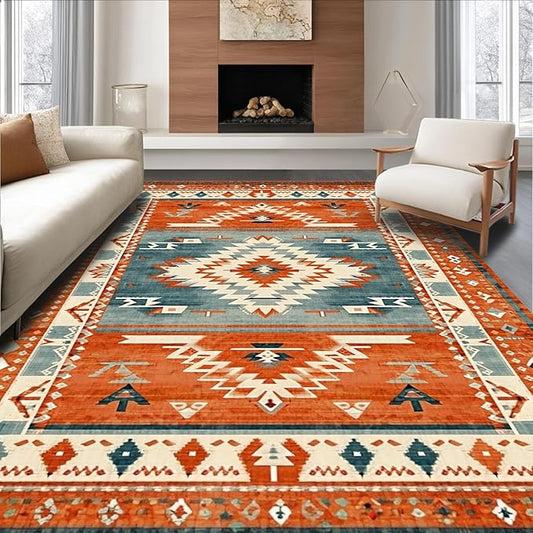 Flatwoven High Traffic Area Rug 6x9, Stylish Southwestern with Warm Hues and Unique Textures, Non Slip, Stain Resistant, Washable Area Rugs for Living Room, Bedroom (Red, 6x9)