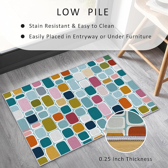 Mid Century Rug 5x7 70s Retro Groovy Pop Plaid Pattern Area Rugs for Living Room, Bedroom, Mid Century Home Decor Accessories Indoor Carpet, Non Slip & Machine Washable, GD0677