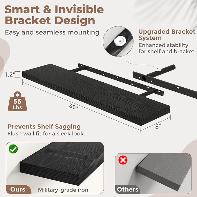 36 Inch Floating Shelves for Wall Set of 2, 8"D Wood Grain Bathroom Shelves with Invisible Brackets, Easy Install Engineered Wood Storage Shelves for Kitchen, Living Room, Bedroom, Black Finish