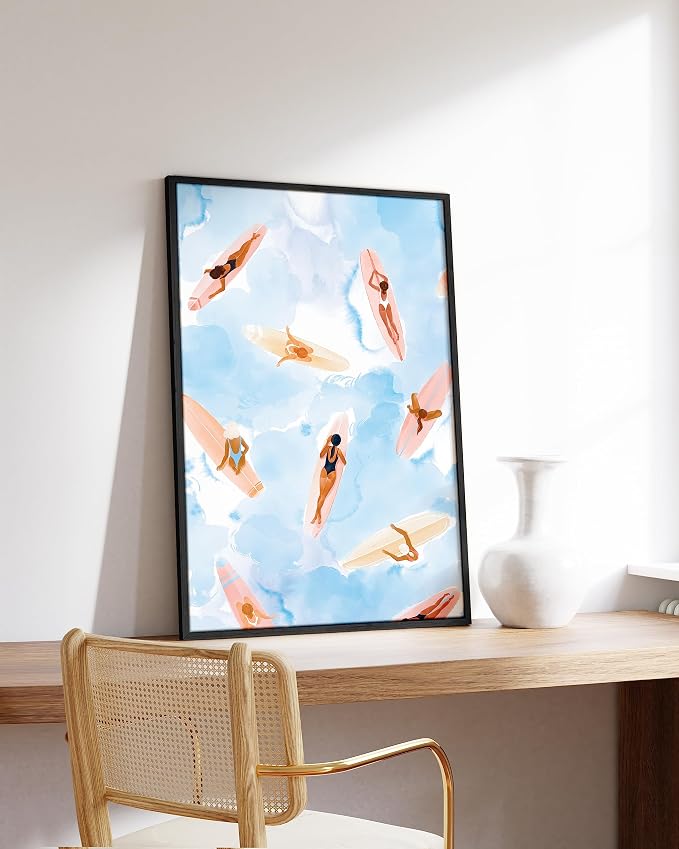 HAUS AND HUES Beach Wall Decor - Watercolor Surfboard Beach Scene Artwork for Living Room (Black Frame, 24x36)