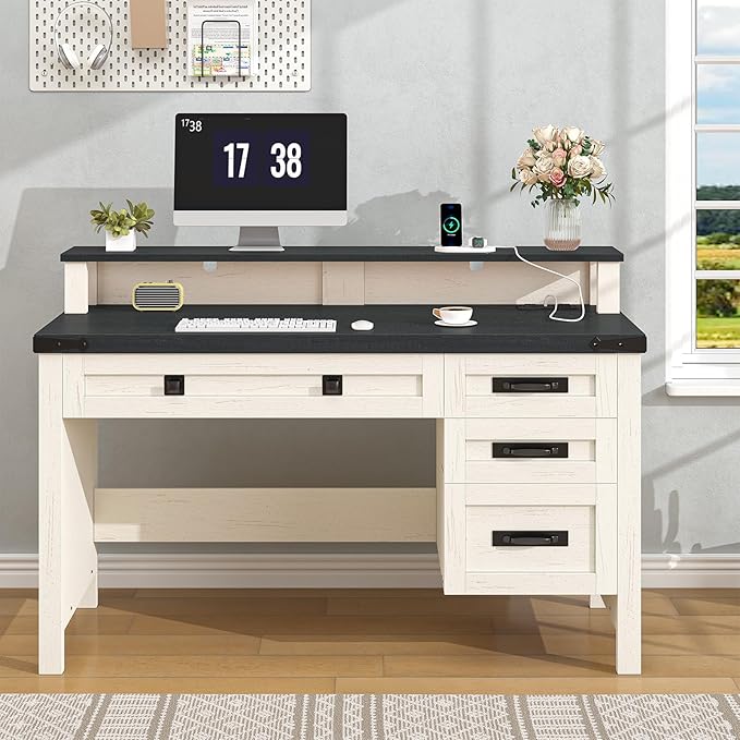YOMILUVE Farmhouse Computer Desk with Drawers, 47" Small Computer Desk with Power Outlets, Home Office Desk with Monitor Stand & 4 Drawers, Writing Study Table, Black & White