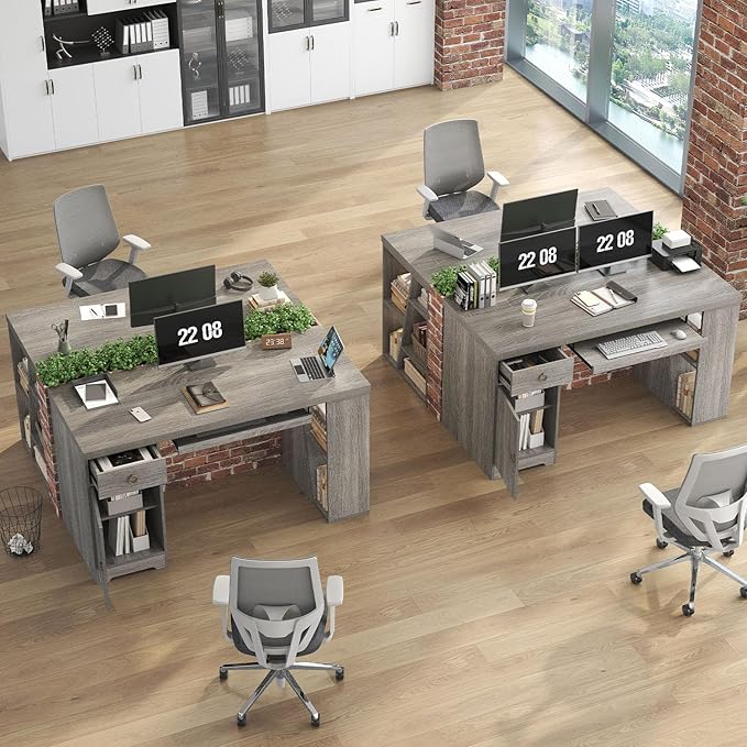 HSH 55" Office Computer Desk with Drawers, Farmhouse Grey Executive Desk with Storage Shelves and Cabinet, Modern Wooden Computer Table Teacher Desks with Keyboard Tray for Home Writing Work Study