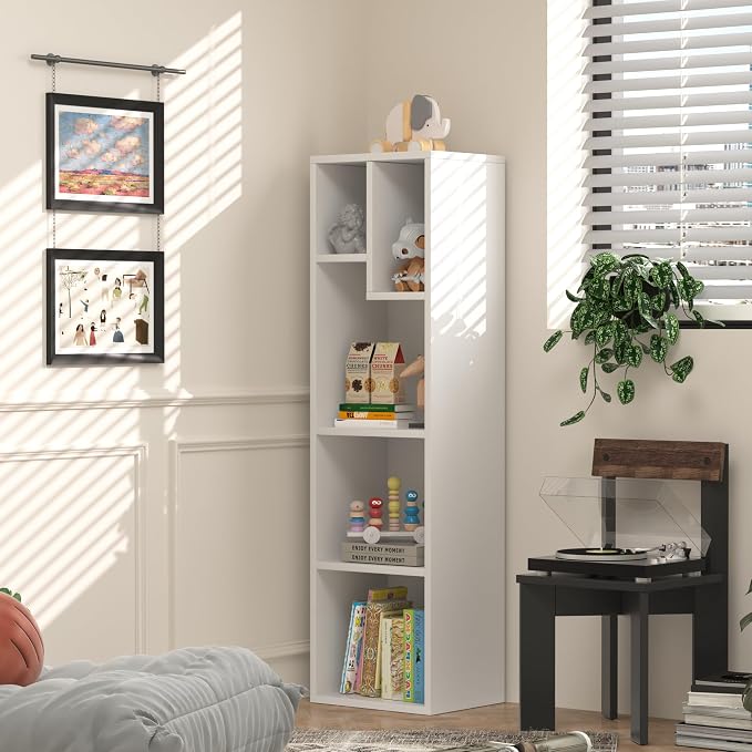 VECELO 4-Tier Bookcase, Modern Storage Cabinet with Height Difference Shelves for Standard Textbooks, 5 Cubes, Vertical or Horizontal, Easy Assembly, Pearl White