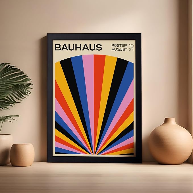 Poster Master Bauhaus Poster - Rainbow Sun Rays Print - Geometric - Abstract Art- Graphic Design - Chic Boho - Mid Century Modern Art - 16x20 Black Framed