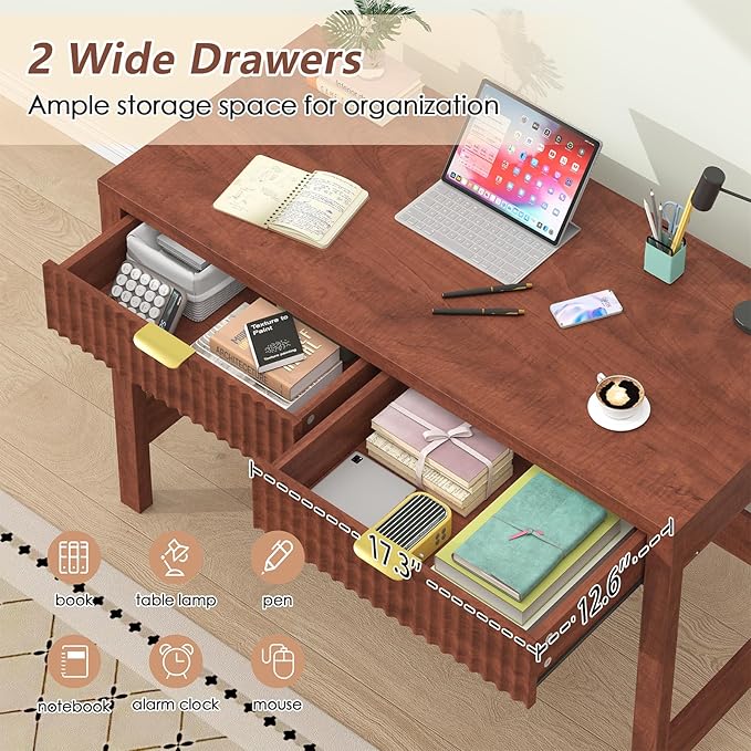 YOMILUVE Fluted Computer Desk with 2 Drawers, 39 Inch Small Computer Desk with Storage, Compact Writing Study Desk for Small Spaces, Red Walnut