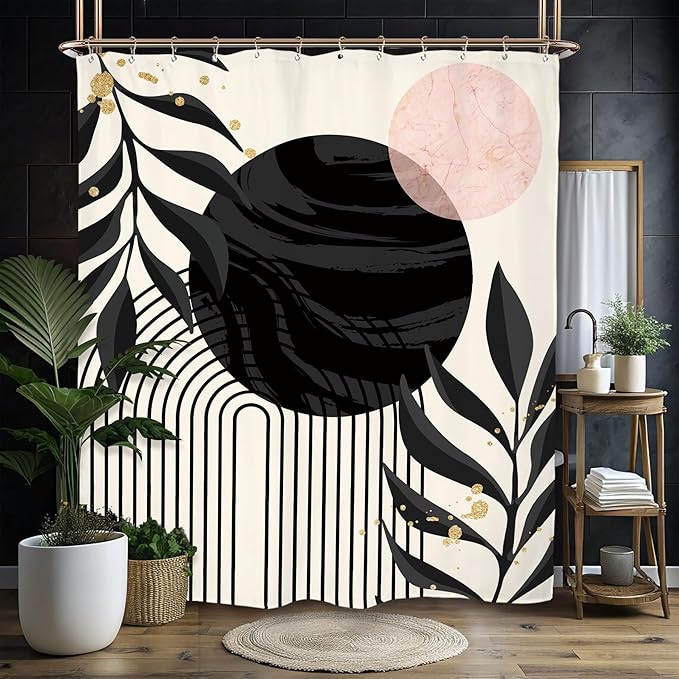 Miyotaa Abstract Modern Shower Curtain Set 60Wx71H Inches Minimalist Aesthetic Black Pink Contemporary Plant Leaves Neutral Polyester Waterproof Cloth Bathroom Curtain with 12 Hooks