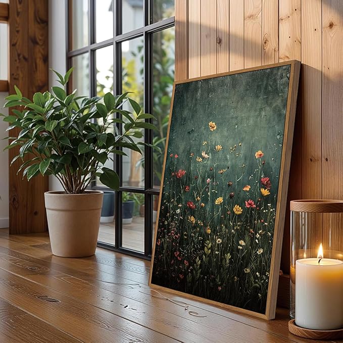 WALLZK Vintage Framed Wall Art Wildflower Canvas Prints Botanical Pictures Green Nature Floral Decor Artwork for Walls Living Room Bedroom Bathroom 12"x16"