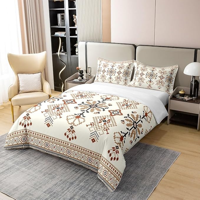 100% Cotton Aztec Duvet Cover Twin Ethnic Bedding Set Abstract Floral Boho Geometric Flowers Comforter Cover Traditional Oriental Pattern Bedroom Decor Brown Yellow Quilt Cover For Adult Woman