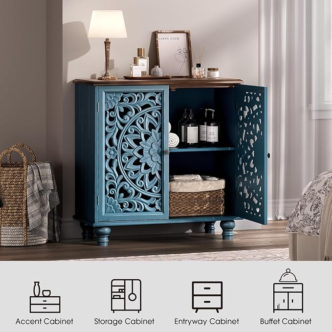 JOINICE Blue Accent Cabinet with Carved Doors, 31" Storage Cabinet for Entryway & Living Room, Vintage Sideboard Buffet Table with Adjustable Shelf, Solid Wood Legs, Boho Home Decor