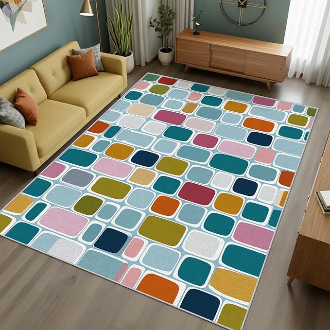 Mid Century Rug 5x8 70s Retro Groovy Pop Plaid Pattern Area Rugs for Living Room, Bedroom, Mid Century Home Decor Accessories Indoor Carpet, Non Slip & Machine Washable, GD0678