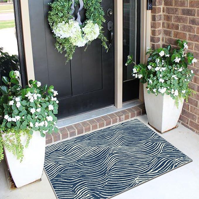 Front Door Mat Outside Entrance - 2x3 Modern Non-Slip Washable Summer Doormat Indoor Outdoor Entrance Blue White Ocean Waves Rug Small Throw Rugs for Entryway Bedroom Kitchen Front Porch Decor