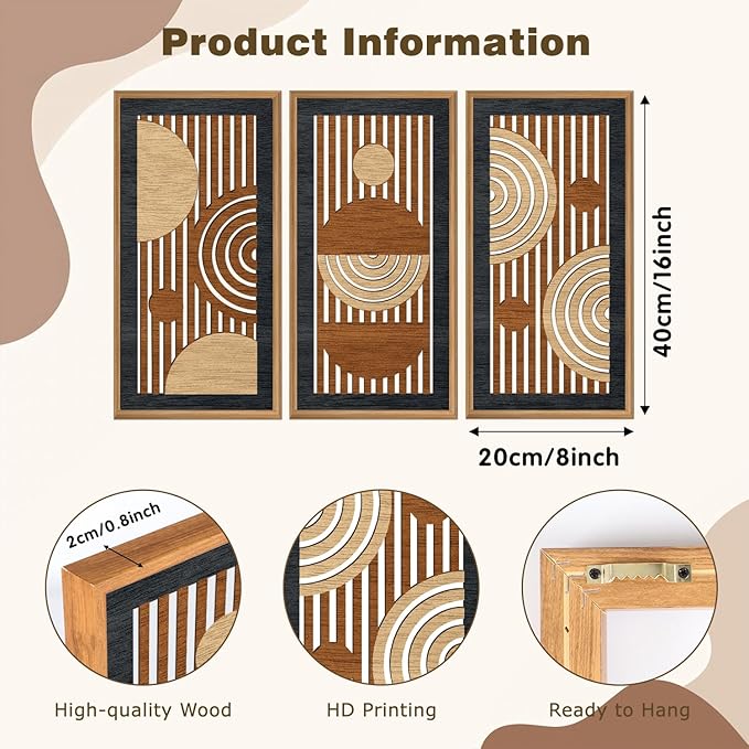 IARTTOP Geometric Wood Framed Wall Art Set of 3 Mid Century Modern Wooden Wall Decor Minimalist Abstract Art Prints Geometric Line Panels Decor for Living Room Bedroom Office 8 x16 Inch