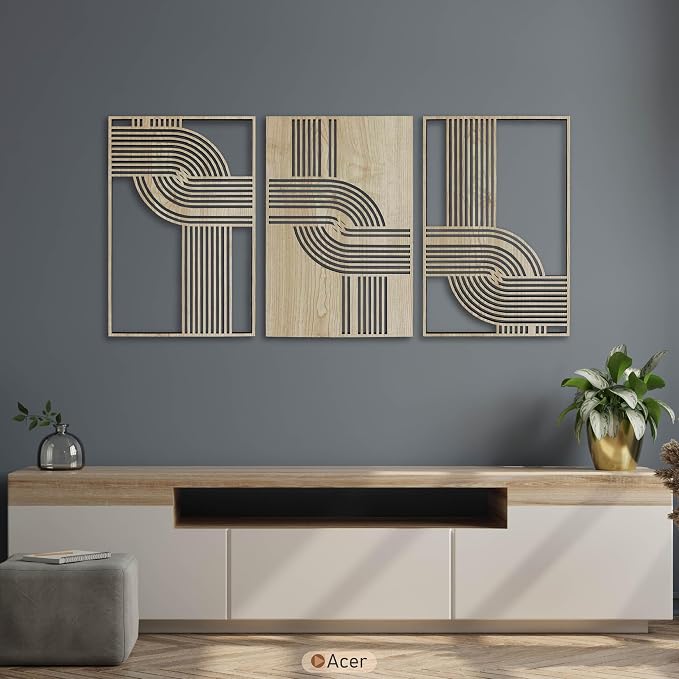 Abstract Wood Wall Art Set of 3, Geometric Curved Line Decorative Panels, Mid Century Modern Wooden Decor, Scandinavian New House Gift for Living Room and Bedroom