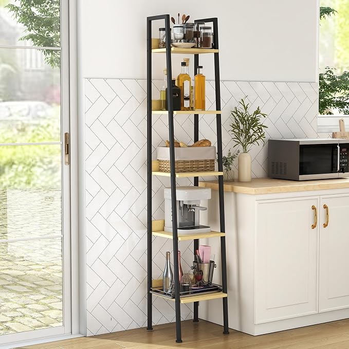 Ladder Shelf, 5 Tier Ladder Shelf, 13.5” Wide Tower Storage Shelf for Books, Anti Tip Feature, Steel Frame, Perfect for Bookshelf, Plants, Kitchen, Living Room, Office, Natural Oak