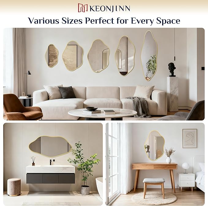 Keonjinn Gold Irregular Mirrors for Wall 60" x 20" Inch, Asymmetrical Metal Frame, Tempered Glass Decorative Mirror for Bathroom, Bedroom, Living Room, Entryway(Horizontal/Vertical)