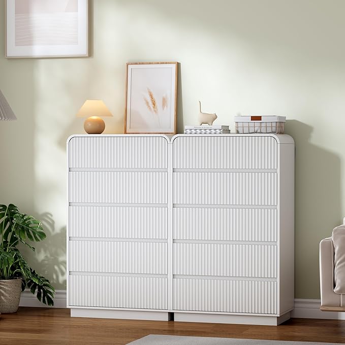 White Dresser Fluted Tall 5 Drawer Dresser for Bedroom, Wood Chest of Drawers with Hidden Handles & Rounded Corners, Modern Storage Cabinet and Organizer Drawers for Living Room, Hallway