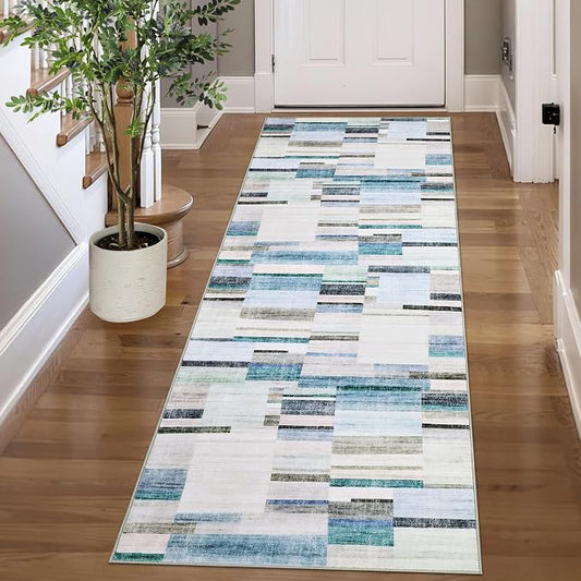 Washable Rug Runners for Hallways Non Slip 2x6 Modern Geometric Kitchen Rugs Farmhouse Entryway Rug Soft Bathroom Rugs Stain Resistant Carpet for Laundry Bedroom 2'x6' Blue