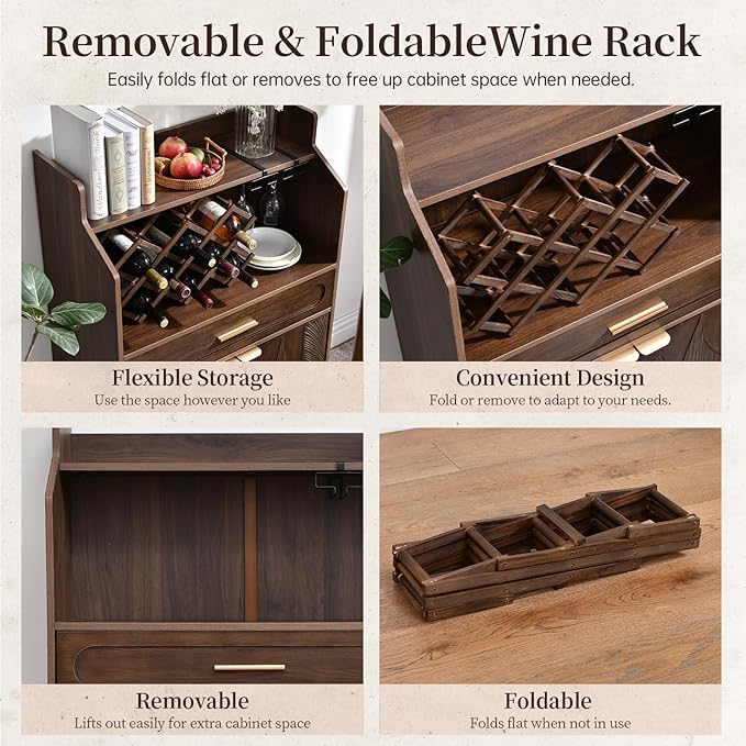 40" Vintage Bar Cabinet with Wine Rack and Glass Holder, Carved Wood Double Doors, Wide Storage Drawer & Adjustable Shelves for Home Bar, Living Room or Dining Room