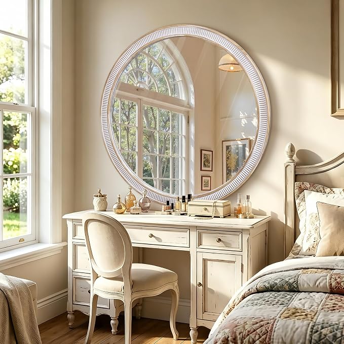 HOITUZYUS 36 Inch Large Round Wood Wall Mirror, Rustic Farmhouse Decorative Circle Mirrors for Bathroom Vanity, Entryway, Living Room, Bedroom, Foyer