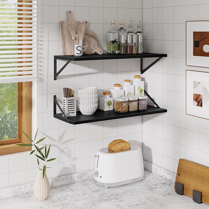 Deep Floating Shelves for Wall,30" Wx10 D Wood Floating Shelf Set of 2,Sturdy Metal Bracket Wide Display & Storage,Wall Mounted Hanging Floating Shelves for Living Room,Bedroom,Kitchen,Black