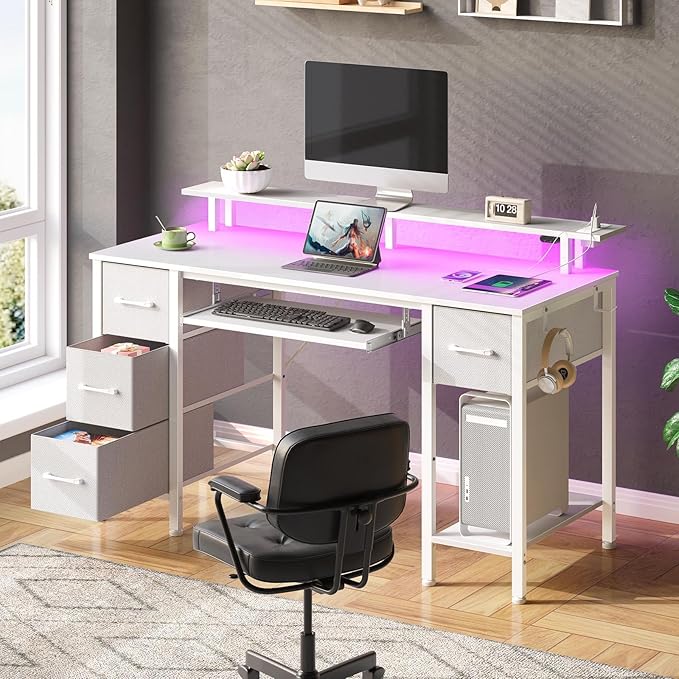 Seventable Computer Desk 55.1" with LED Lights & Power Outlets, Home Office Desk with 4 Drawers, Writing Desk with Keyboard Tray, Study Table with Monitor Stand, Work for Home Office, White