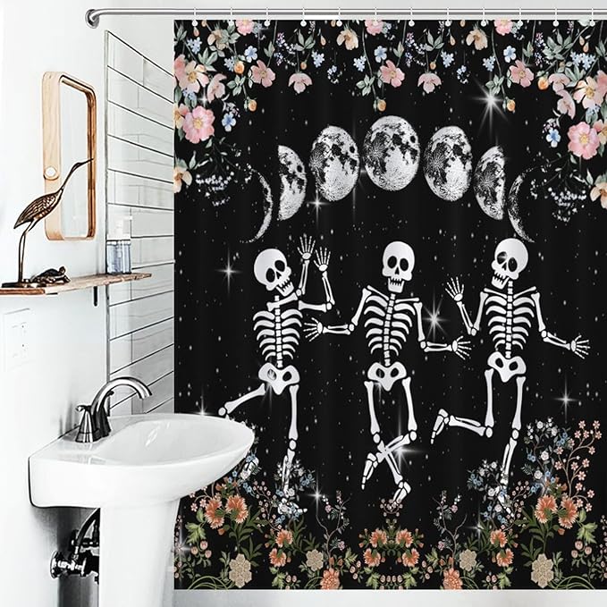 Skull Skeleton Flower Moon Shower Curtain Gothic Moon Phase Scary Horror Black Spooky Flower Holiday Waterproof Shower Curtains for Bathroom Decor 12 Pack Hooks 55x72in（140x183cm）