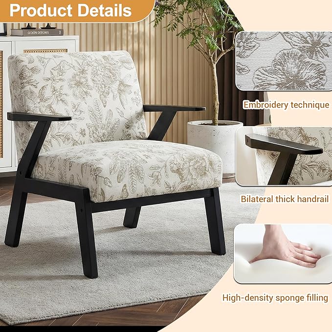 Floral Accent Chair, Mid Century Modern Chairs, Upholstered Armchair with Solid Rubber Wood Living Chair, Ergonomic Chair for Living Room, Bedroom, Reading Room