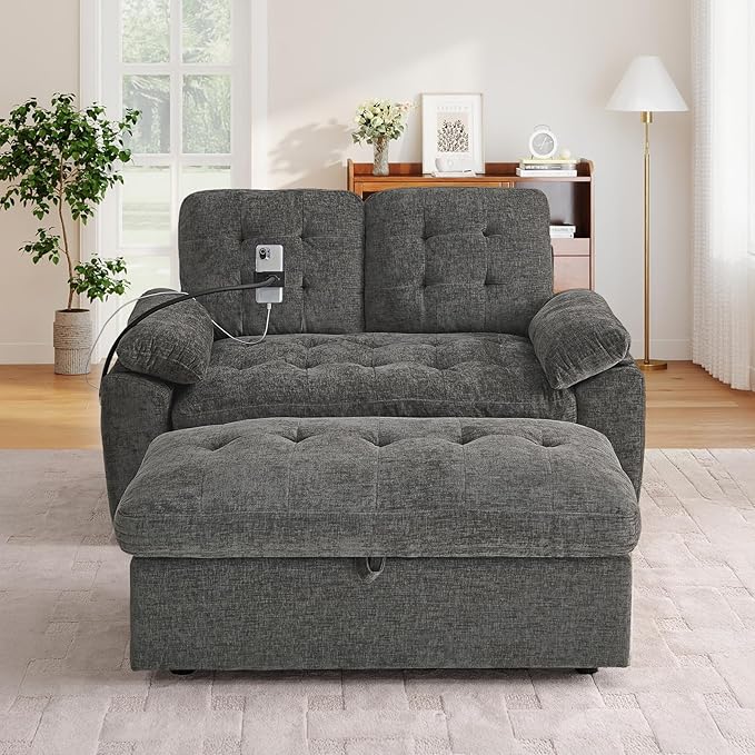 Oversized Chaise Lounge Chair Indoor with Ottoman&Adjustable Backrest,Chenille Tufted Recliner Comfy Loveseat Sofa Chair with USB&Phone Holder,Convertible Sleeper Couch Bed for Living Room(56"W,Grey)
