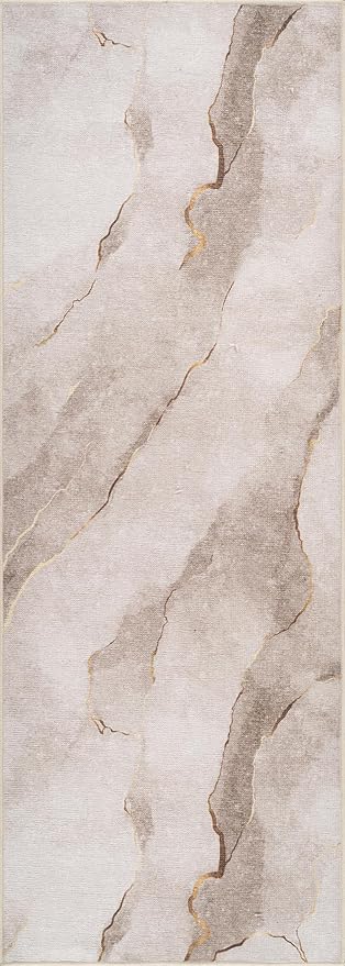 Bloom Rugs Caria Washable Non-Slip 7 ft Runner - Ivory/Gold Modern Abstract Runner for Entryway, Hallway, Bathroom, and Kitchen - Exact Size: 2'6" x 7'