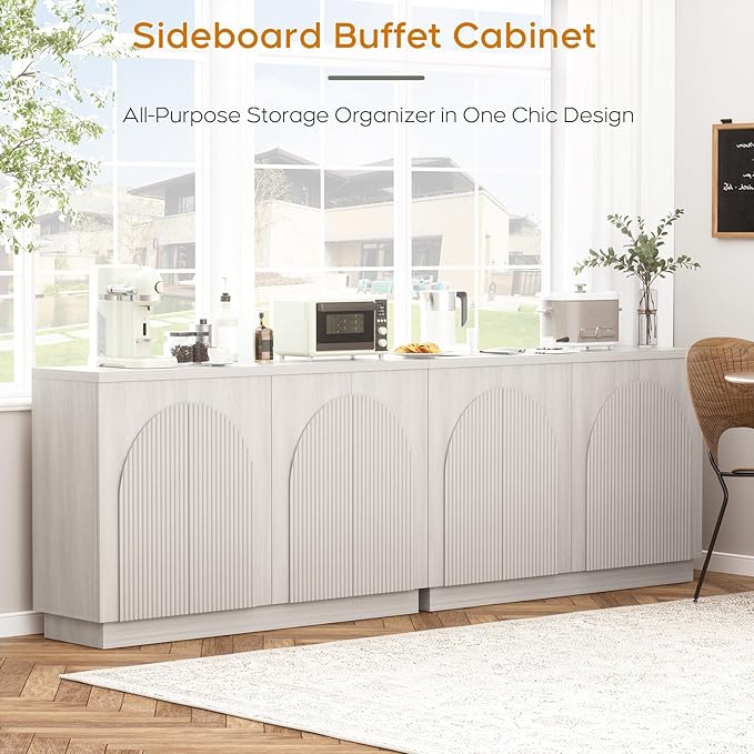 Yechen Accent Fluted Sideboard Buffet Cabinet with Arched Reeded Design Doors, Mid Century Modern Credenza Storage Cabinet with Adjustable Shelves, for Living Room Dinning, White Oak(2PCS)