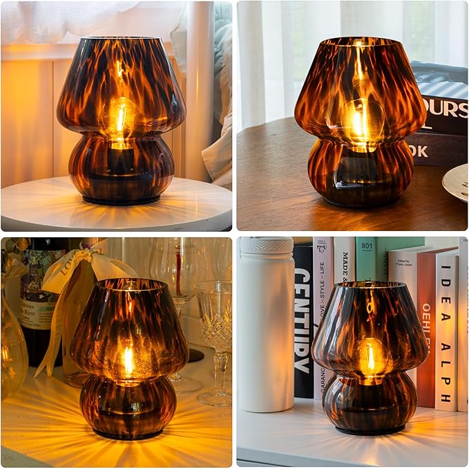 Battery Operated Mushroom Lamp - Vintage Small Table Lamp with Timer, Cordless Bedside Nightstand Lamp, Glass Battery Powered Lamp for Bedroom Kitchen Living Room Shelf Decor Aesthetic Amber