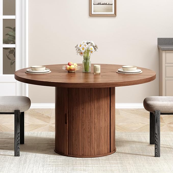 47 inch Round Dining Table for 4, Circle Kitchen Table with 2-Layer Storage Shelf and a Drawer, Modern Farmhouse Dinner Tables with Sliding Door and Wood Strip Base for Kitchen, Living Room (Walnut)