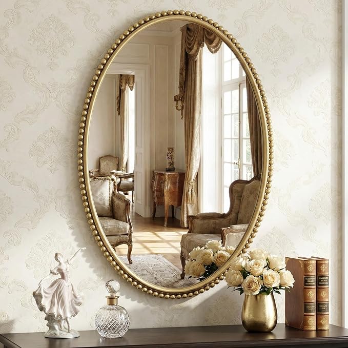 Uniclinens Vintage Wall Mirror Decor - Large Gold Oval Beaded Mirror Decor,Ideal Metal Frame Mirror for Entryway, Fireplace, Living Room, Hallway, Bathroom,24"X36"