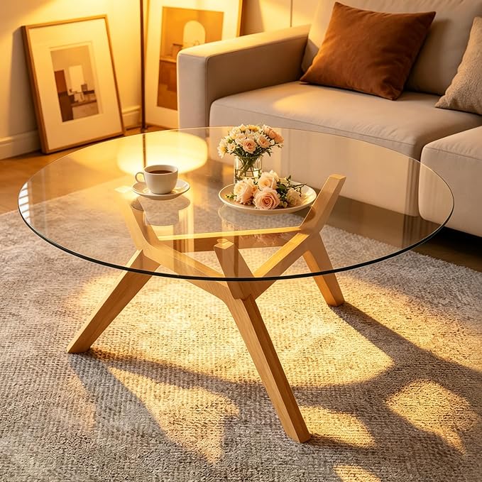 Glass Coffee Table - Round Coffee Table with Clear Tempered Glass Top, Modern Low Minimalist Center Table, Sturdy Solid Wood Coffee Table for Living Room Home Office, Wood