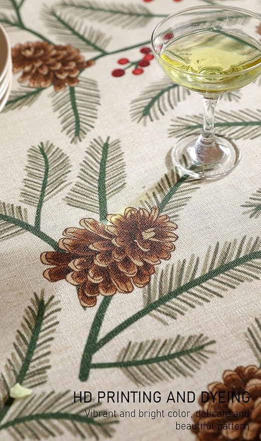 ISAENNE Designer Christmas Beige Linen Long Rectangle Tablecloth,Pinecones Pattern Indoor Table Cloths,Washable Decor Tablecloths for Dining Thanksgiving Kitchen Christmas,63"*94"-Carol B