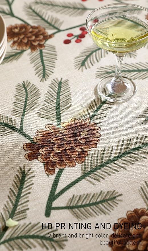 ISAENNE Designer Christmas Beige Linen Small Square Tablecloth,Pinecones Pattern Indoor Tablecloths,Washable Decor Table Cloth for Dining Thanksgiving Kitchen Christmas,55"*55"-Carol B
