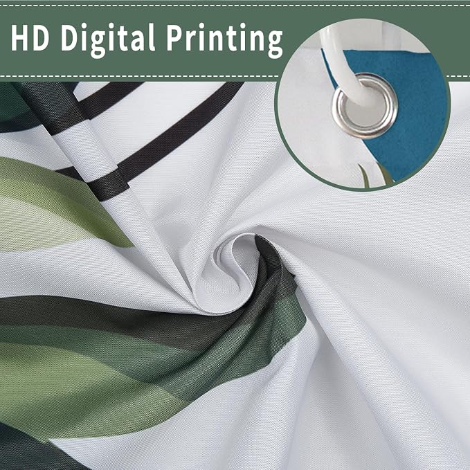 Boho Mid Century Shower Curtain, Light Blue Modern Minimalist Abstract Geometric Gold Plant Leaves Sun Arch Bathroom Curtains Waterproof Fabric Buthtub Curtain Set with Hooks 66" Wx72 L