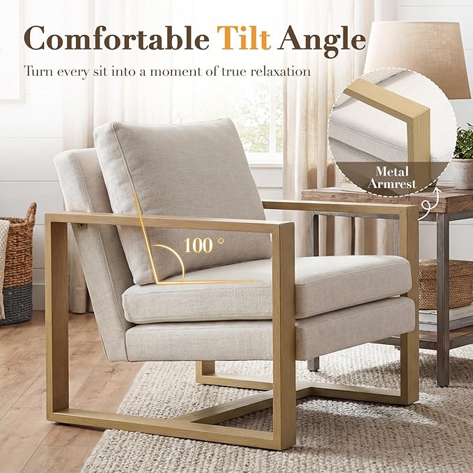 CIMOTA Modern Accent Chair Mid Century Armchair with 8.5" Thick Cushion & Armrests Comfy Linen Fabric Reading Lounge Chair with Metal Frame for Living Room Bedroom Office, Natural Wood Finish Beige