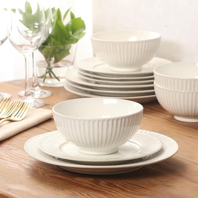 Gibson Elite Soleil 12 Piece Linen White Stoneware Dinnerware Set for 4, Plates and Bowls Set with Dinner Plates, Salad Plates and Bowls