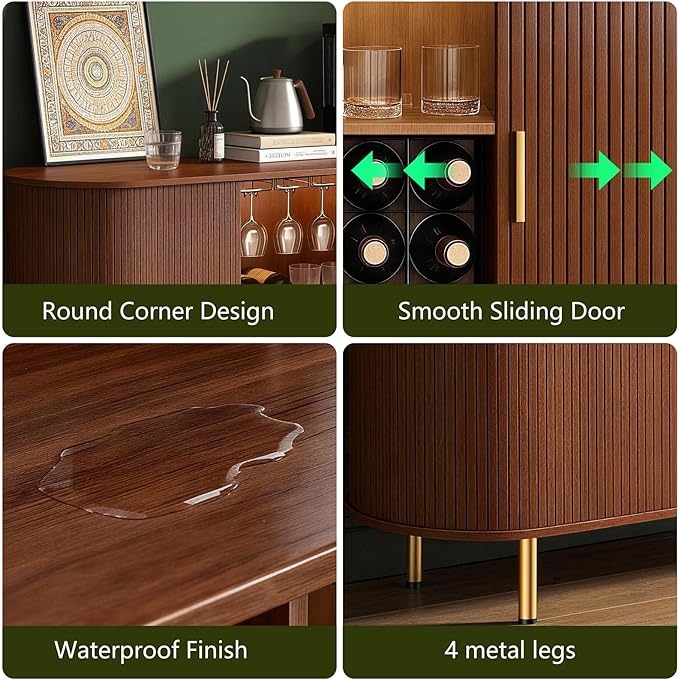 DHH 55" Wine Bar Cabinet with Storage, Fluted Liquor & Coffee Bar Cabinet with Wine Rack and Glass Holder, Buffet Sideboard with LED Lights for Home Kitchen Living Dining Room(Walnut)