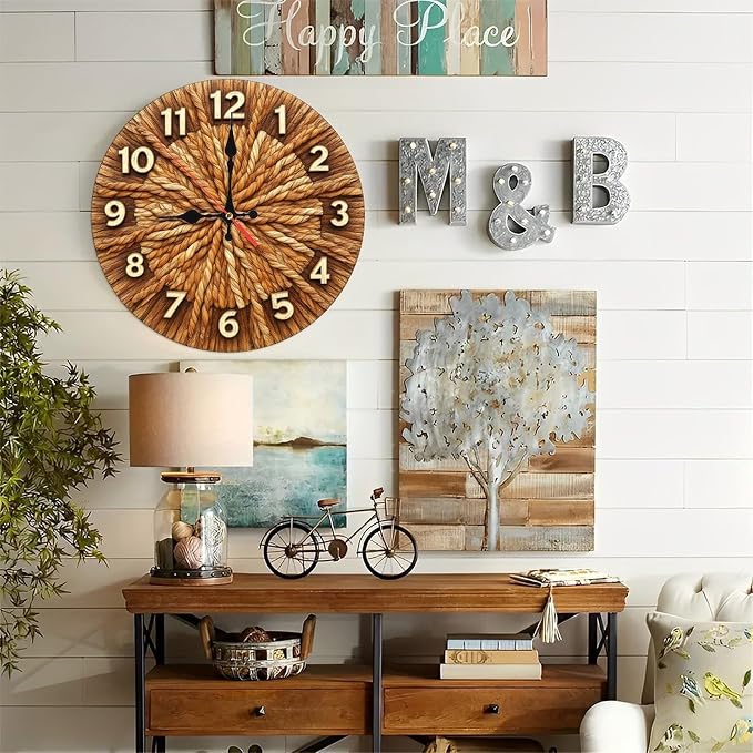 Rope Weave Sunburst Farmhouse Wooden Wall Clock 25cm*25cm