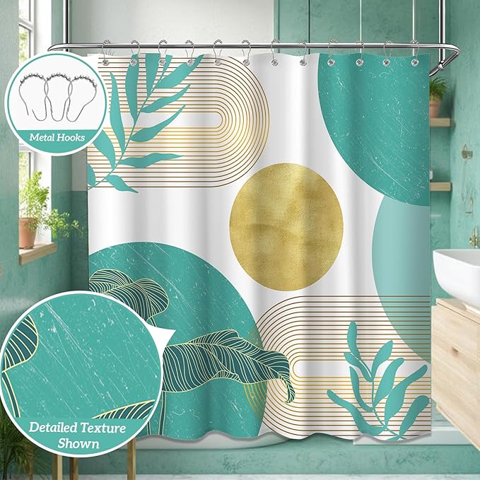Teal Blue and Gold Shower Curtain Turquoise Aqua and White Shower Curtains for Bathroom Decor Boho Mid Century Bath Curtain Set, Waterproof Fabric with Hooks 60 x 72 Inch