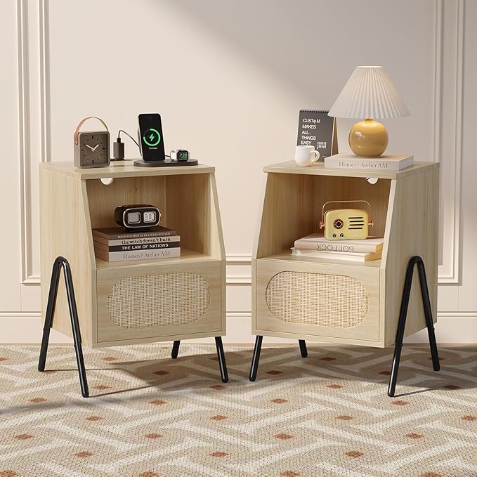 VINGLI Rattan Nightstands with Charging Station, 17.6" W Boho Nightstand Set of 2 with Drawer, Wood Nightstand Bedroom, Boho Night Stands Oak, Natural Rattan Side Table/End Tables Living Room
